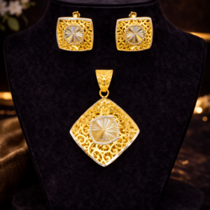 Square Filigree Gold Pendant Set with Dual Tone Finish