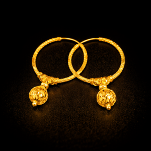 Textured Gold Bali Earrings with Diamond-Cut Ball Drop