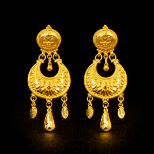 Traditional Gold Plated Crescent Drop Earrings with Antique Face Stud and Leaf Charms