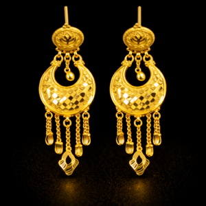 Traditional Gold Chand Bali Earrings with Textured Crescent Design and Chain Drops