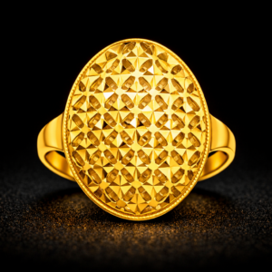 Oval Faceted Geometric Gold Ring with Diamond-Cut Pattern
