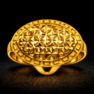 Oval Star-Cut Textured Gold Ring with Patterned Border