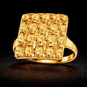 Square Floral Grid Gold Ring with Diamond-Cut Detailing