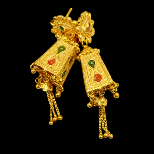Traditional Gold Plated Peacock Style Dangle Earrings with Color Enamel and Chain Tassels