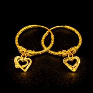 Textured Gold Bali Hoop Earrings with Double Heart Charm