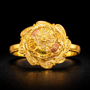 Traditional Multicolor Floral Gold Ring with Decorative Filigree Design