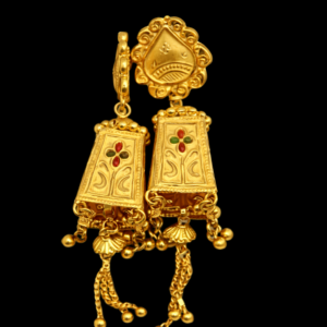 Traditional Gold Plated Floral Design Dangle Earrings with Color Enamel and Chain Tassels