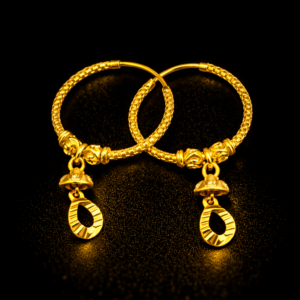 Textured Gold Bali Hoop Earrings with Decorative Drop Charm