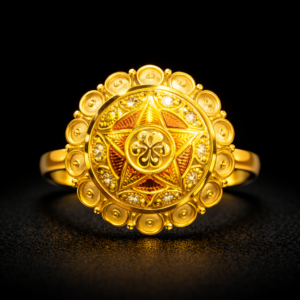 Traditional Star Pattern Gold Ring with Enamel and Stone Detailing
