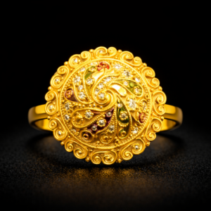 Traditional Swirl Pattern Gold Ring with Stone and Enamel Detailing