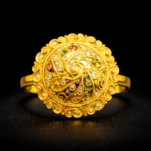 Traditional Spiral Floral Gold Ring with Stone and Enamel Detailing