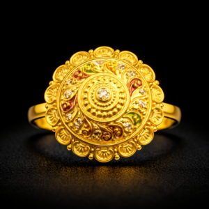 Traditional Circular Gold Ring with Stone Center and Enamel Floral Detailing