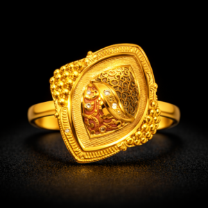 Designer Shield Shape Gold Ring with Filigree and Enamel Detailing