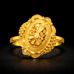 Elegant Oval Floral Gold Ring with Stone Center and Beaded Border