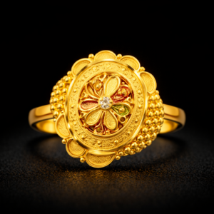 Oval Floral Gold Ring with Center Stone and Enamel Petal Detailing