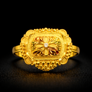 Traditional Square Floral Gold Ring with Center Stone and Beaded Border