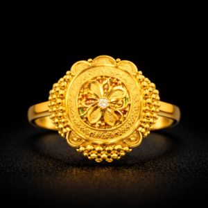 Oval Floral Gold Ring with Center Stone and Beaded Halo Design