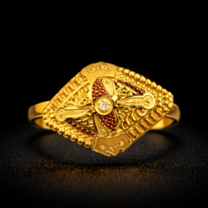 Traditional Diamond-Shape Gold Ring with Center Stone and Red Bead Detailing