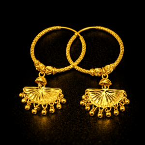 Textured Gold Bali Hoop Earrings with Traditional Fan Drop Design