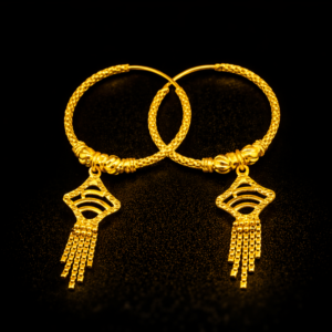 Textured Gold Bali Hoop Earrings with Geometric Tassel Charm