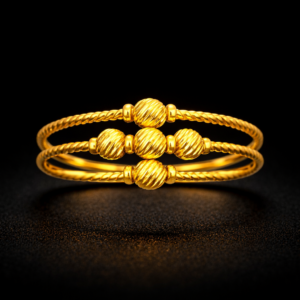 Minimalist Double Band Gold Ring with Ribbed Bead Accents