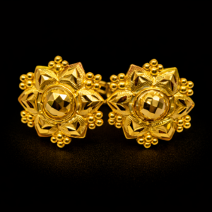 Traditional Gold Plated Floral Stud Earrings with Faceted Dome Center