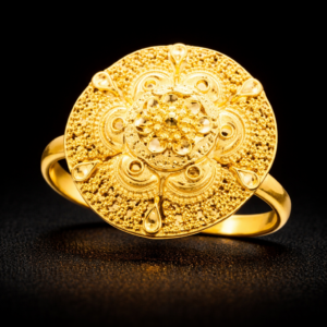 Traditional Floral Motif Round Gold Ring with Textured Detailing