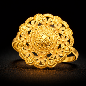 Traditional Floral Filigree Round Gold Ring with Dome Center