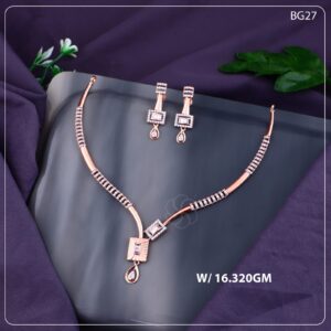 Rose Gold Geometric Necklace Set with Baguette CZ Stones