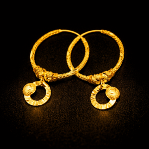 Textured Gold Bali Earrings with Circular Ring Charm