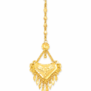 Triangular Leaf Engraved Gold Mang Tika with Side Detailing and Multi Chain Drops